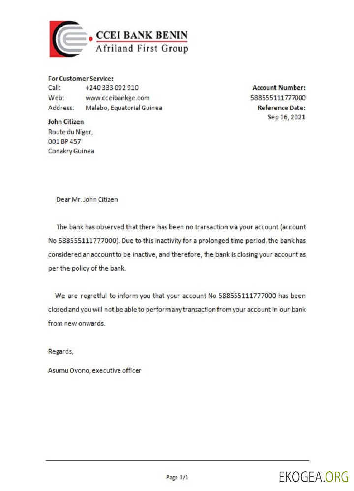 Guinée équatoriale , CCEI Bank Bénin bank , closure référence